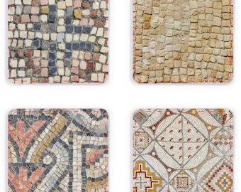 Untersetzer Set: Mosaike des Heiligen Landes (4er-Gruppe) | Wohndekor | Getränkezubehör | Heiliges Land Geschenke | Uralte Fotografie