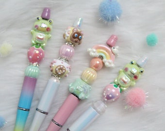 Rainbow Frog Racoon Beaded Pen | Cute Pastel Beadable Pen | Reusable Refillable