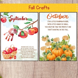 May include: Two printable art sheets titled Fall Crafts. The left sheet features the word September, red apples on a branch, a red handprint, a basket of apples, and a poem. The right sheet features the word October, orange pumpkins, and a poem.