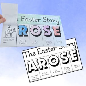May include: A colorful, illustrated Easter Story booklet with the word "ROSE" in large letters. The booklet includes the phrases "Ruled Against," "On A Cross," "Stone Rolled Shut," and "Empty Tomb." A second booklet reads "AROSE."