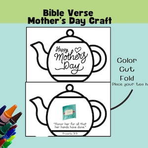 Puede incluir: Contorno en blanco y negro de una tetera con el texto "Happy Mother's Day". Debajo, otro contorno de tetera con el texto "Honor her for all that her hands have done." y "Proverbios 31:31". La imagen es una manualidad para el Día de la Madre.