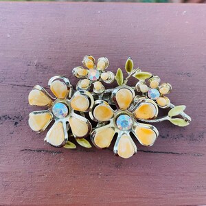 Signed CORO Vintage Yellow Orange Enamel Flower Leaf AB Rhinestone Brooch Pin