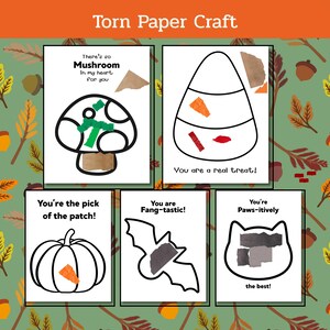 Puede incluir: Una colección de cinco tarjetas blancas con contornos negros, cada una con un diseño diferente con temática de Halloween. Los diseños incluyen una seta, un caramelo de maíz, una calabaza, un murciélago y un gato. Cada tarjeta tiene trozos de papel rasgado y texto.