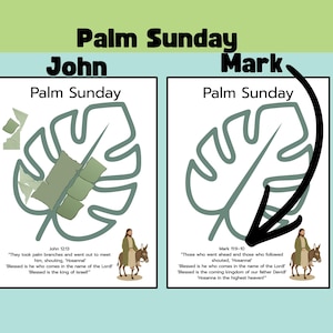May include: Two illustrations for Palm Sunday, labeled John and Mark. Each features a stylized palm leaf, text, and a person riding a donkey. The John illustration includes additional palm branch elements. Text includes Bible verses.