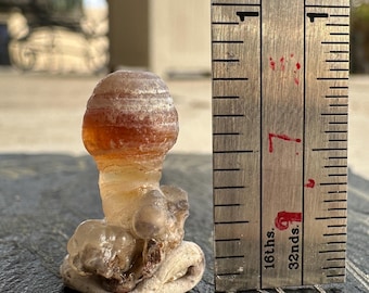 Może przedstawiać: Mała, przezroczysta geoda agatowa z brązowo-białym, pasiastym wierzchołkiem. Geoda ma około 2,5 cm wysokości i leży na czarnej powierzchni obok linijki.