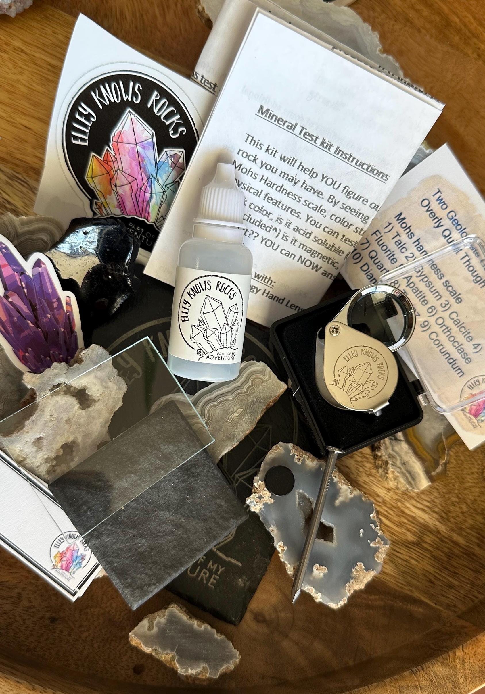 Mineral test kit, NEW Engraved Hand Lens geology, gifts, rock tests, first time geology, scratch plate, streak plate, geologist kit