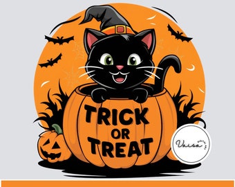 Trick or Treat Black Cat Clipart ,Cute Halloween Illustration,  Black Cat, PNG