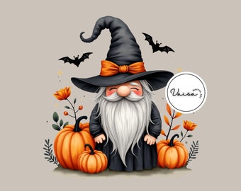 May include: A cute gnome wearing a black witch hat with an orange bow and a white beard. The gnome is surrounded by three orange pumpkins and green leaves. The background is a light gray.