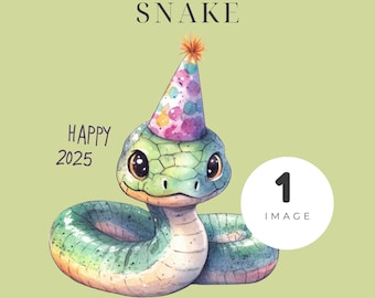 New Year 2025 Party Snake Clipart , Cute Snake with Party Hat, Transparent Background, PNG
