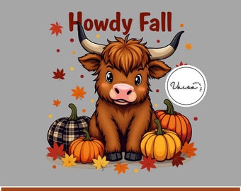 Howdy Fall Highland Cow Clipart, Cute Autumn Illustration, Halloween Design, PNG