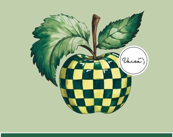 Manzana estilo preppy PNG, imágenes prediseñadas de manzana a cuadros verdes, PNG para profesores, manzana para la vuelta al cole, PNG para decoración de aulas, manzana estética, diseño de sublimación