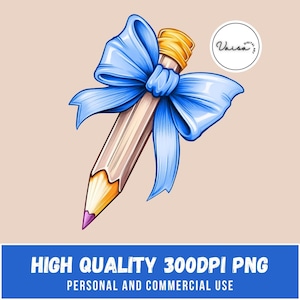 May include: A yellow pencil with a blue bow tied around it. The pencil is drawn in a cartoon style.