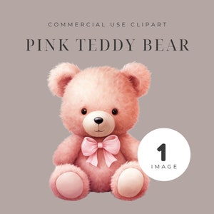 Pink Teddy Bear Clipart, Girl Baby Shower Clipart, Nursery Teddy Bear, Watercolor Cute Bear Clipart, Pink Decor, Nursery Art