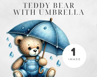 Teddy Bear Clipart with Umbrella  Baby Shower Clipart | Cute Teddy Clipart | Teddy Bear Illustration For Nursery | PNG | Commercial Use