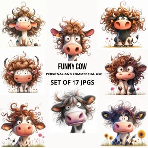 Quirky Cow Art, Funny Clipart Set, Whimsical Cow Illustrations, Farm Animal Art, s, 17 JPGs,  Cartoon Graphics Images,  Junk Journal