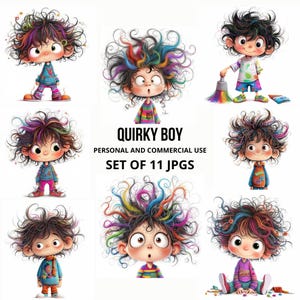 Quirky Whimsical Boys Clipart, 11 Fun and Colorful Boy JPG Illustrations, Ephemera, Watercolor Clipart, Junk Journal, Scrapbooking, Craft