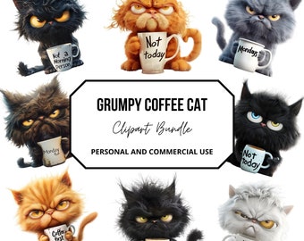 Paquete de imágenes prediseñadas de gatos gruñones divertidos / Imágenes prediseñadas de café / Fondo transparente / Descarga digital / Ilustración de animales graciosos / Descarga instantánea