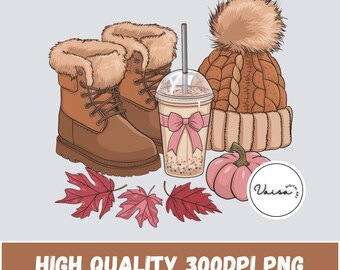 Clipart de itens essenciais aconchegantes de outono: botas, gorro, bebida e folhas (PNG)