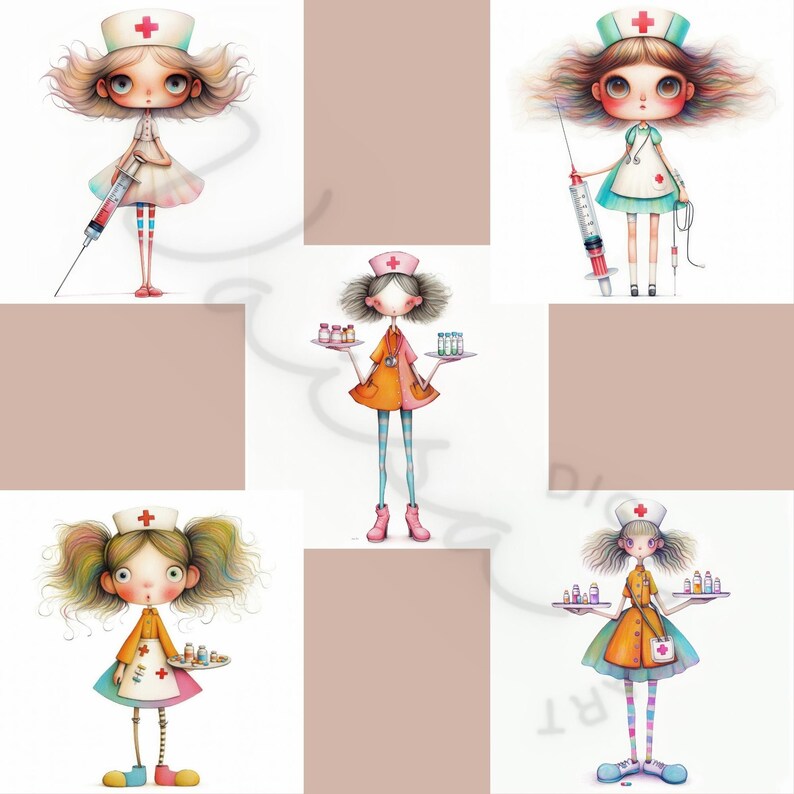May include: Five illustrations of nurses with different outfits and accessories. The nurses are all wearing white caps with red crosses and have large eyes. One nurse is holding a syringe, another is holding a tray of medicine bottles, and the other three are holding trays of medicine bottles.