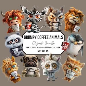 Puede incluir: Un conjunto de 15 imágenes de clipart digitales que presentan animales gruñones sosteniendo tazas de café. Los animales incluyen una cebra, un panda, un unicornio, un león, un pingüino, un gato, un perro, una ardilla y una vaca de las tierras altas. Cada animal tiene una expresión diferente y sostiene una taza con un dicho divertido relacionado con el café.