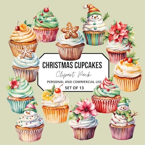 Watercolor Christmas Cupcakes Clipart,  Festive Food, Junk Journals, Scrapbooks, Christmas Sweets Clipart PNG,Festive Holiday Cupcake