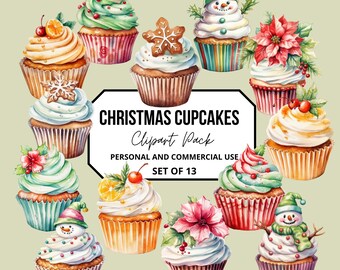 Aquarel kerst cupcakes clipart, feestelijk eten, junk tijdschriften, plakboeken, kerstsnoepjes clipart png, feestelijke vakantie cupcake