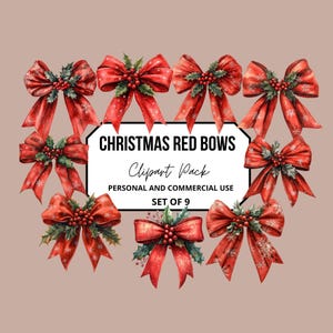 Christmas Bow Clipart, Christmas Ribbon PNG, Festive Bows PNG, Holiday Bow Clipart for Cards, Crafts, Coquette Red Bow, Digital Download