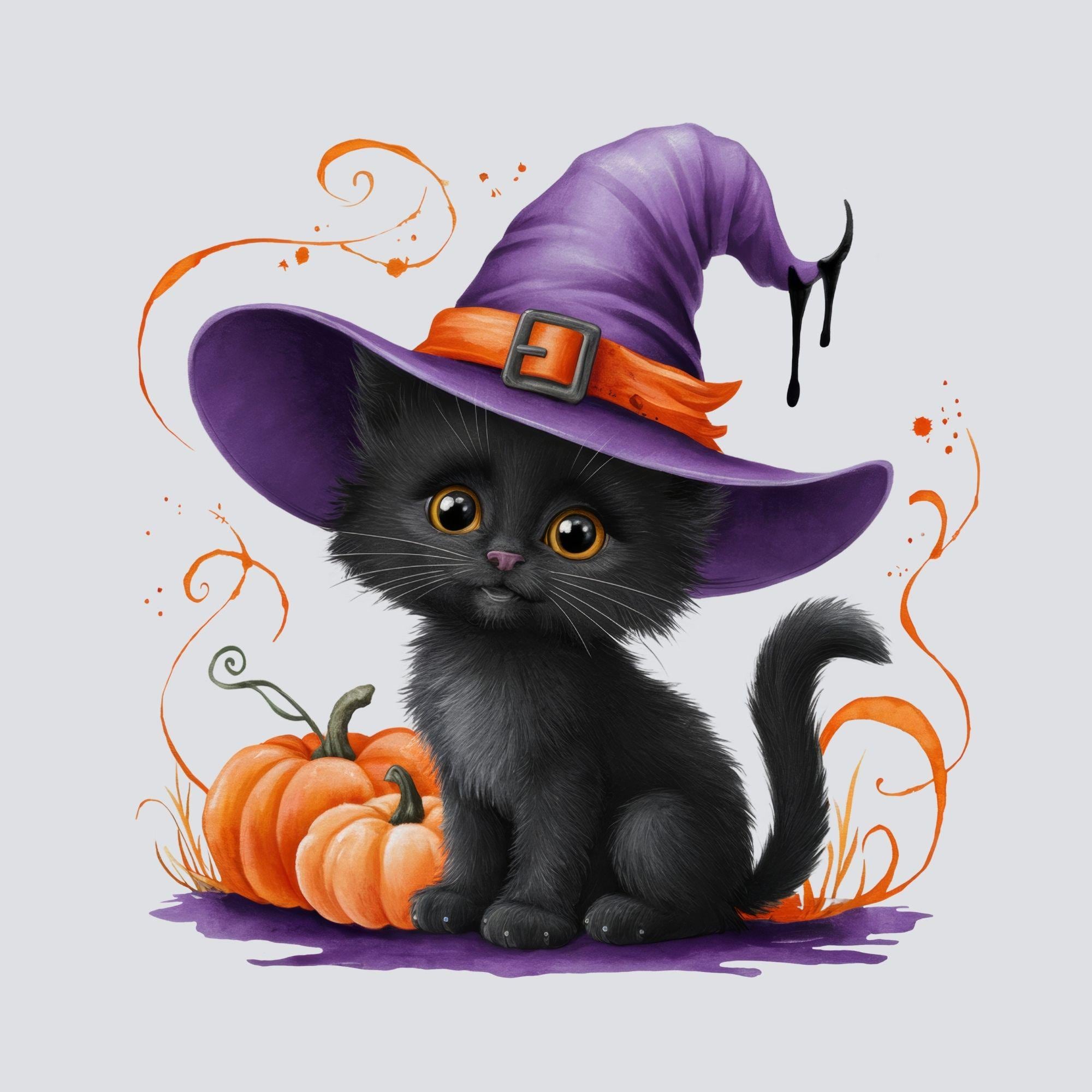 Cute Halloween Black Cat Clipart, Witch Hat Kitten With Pumpkin, High ...
