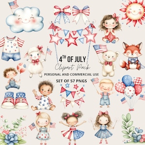 May include: A collection of watercolor illustrations with a patriotic theme. Includes children, animals, and decorative elements like bows, stars, and bunting in red, white, and blue. Text reads "4th of July Clipart Pack".
