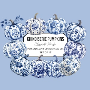 Elegant Floral Pumpkins, Chinoiserie Pumpkin Clipart, Blue & white fall graphics, Digital Download PNG