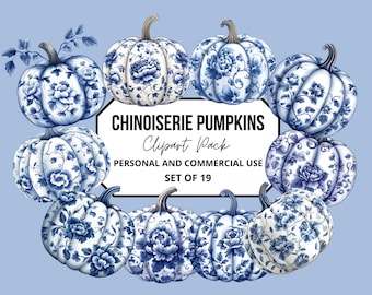 Floral élégant citrouilles, chinoiseries citrouille Clipart, graphiques automne bleu et blanc, téléchargement numérique PNG
