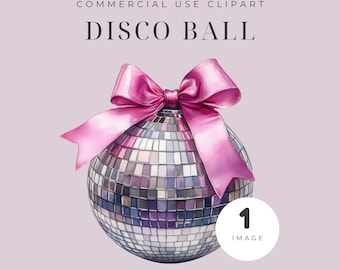 Pink Bow Disco Ball, Coquette Disco Bow, Girly Pink Bow Clip Art, New Year Design,  Retro Party Decor, PNG