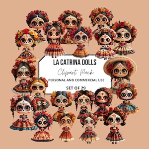 Niedliche La Catrina Puppen Clipart, Tag der Toten PNG, Zuckerschädel, mexikanische Halloween Bundle, Dista de Los Muertos, mexikanische Puppe