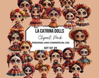 Cute La Catrina Dolls Clipart, Day of the Dead PNG, Sugar Skull Art, Mexican Halloween Bundle, Día de Los Muertos, Mexican Doll