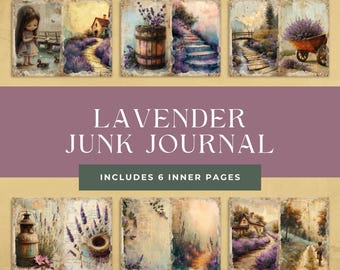 Kit per junk journal a tema lavanda, fiori viola, carta stampabile, foglio per collage digitale, carta digitale floreale, kit per junk journal, set di 6 pagine