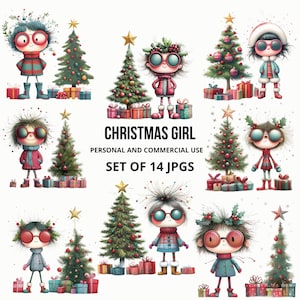 Christmas Girl Clipart Set, Quirky Holiday Girls,  14 JPG Whimsical Artwork,  DIY Projects, Cards and Invitations Xmas Projects