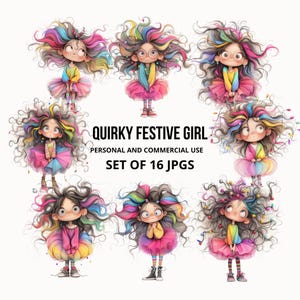 16 JPG eigenzinnige feestelijke meisje clipart, leuk en kleurrijk meisje, aquarel jpg's, schattig eigenzinnig meisje clipart, scrapbooking, kaarten maken jpg