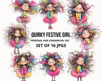 16 JPG Quirky Festive Girl Clipart, Fun and Colorful Girl, Watercolor JPGs, Cute Quirky Girl Clipart, Scrapbooking, Card Making Jpgs