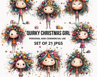 21 Quirky Christmas Girl Clipart, Funny Festive Whimsy Girl,Whimsical Girl JPGS, Cute Christmas Girls, Scrapbooks & Card Making, Quirky Girl