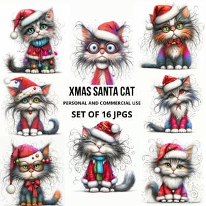 Quirky Christmas Santa Cat Clip Art, 16 Watercolor JPG, Whimsical, Junk Journaling, Scrapbooking, Card Making, Digital Download, Fantasy