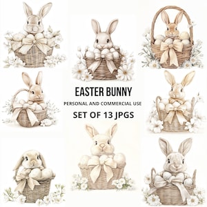 Imágenes prediseñadas de conejito de Pascua, adorables ilustraciones de conejito en canasta, conejos rústicos en tonos pastel con flores y huevos, 13 archivos JPG digitales, creación de tarjetas