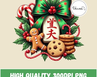 Christmas Mahjong Clipart, Festive Holiday Mahjong Tile Illustration,  Christmas Arrangement with Mahjong tile, PNG, Sublimation Design
