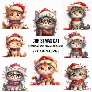 Cute Holiday Cat Illustrations with Christmas Lights, 13 JPG Festive Kitten  in Santa Hat, Printable, Digital Download, Card Making