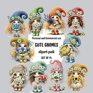 Cute Gnomes Png | Gnomes with Flowers Clipart | Girl Gnome Clip Art |  Floral Gnomes Bundle | Instant Digital Download | Watercolor Gnome