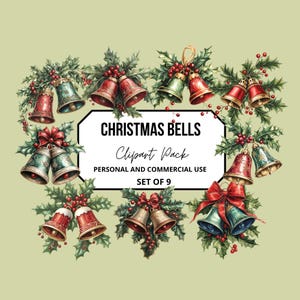 Watercolor Christmas Bells Clipart, Vintage Christmas bells clipart, Festive Holiday Bell Graphics, Digital Christmas Bells PNG