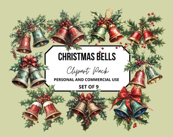 Watercolor Christmas Bells Clipart, Vintage Christmas bells clipart, Festive Holiday Bell Graphics, Digital Christmas Bells PNG