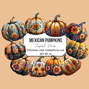 Pack de cliparts citrouille mexicaine, art mexicain, motifs floraux vibrants de citrouille, PNG