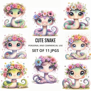 Desenhos de cobras fofas Clip Art, Arte de cobra floral, 11 imagens digitais de répteis caprichosos em JPG, Sublimação, Caneca, Copo, Planejador