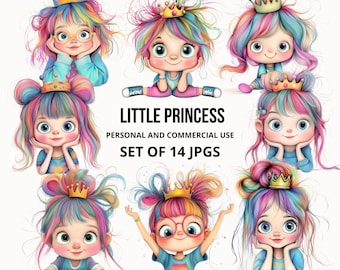 Quirky Princess Clipart, Whimsical Watercolor Clip Art, 14 JPG Cute Little Girl Images ,Card Making, Watercolor Designs ,Little Princess
