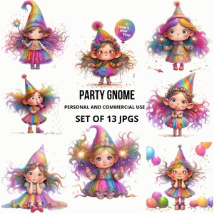 May include: A set of 13 digital illustrations featuring colorful gnomes with rainbow hats and dresses. The gnomes are holding party accessories like sparklers, balloons, and candy. The text "PARTY GNOME" is displayed in the center of the image, along with "PERSONAL AND COMMERCIAL USE" and "SET OF 13 JPGS".